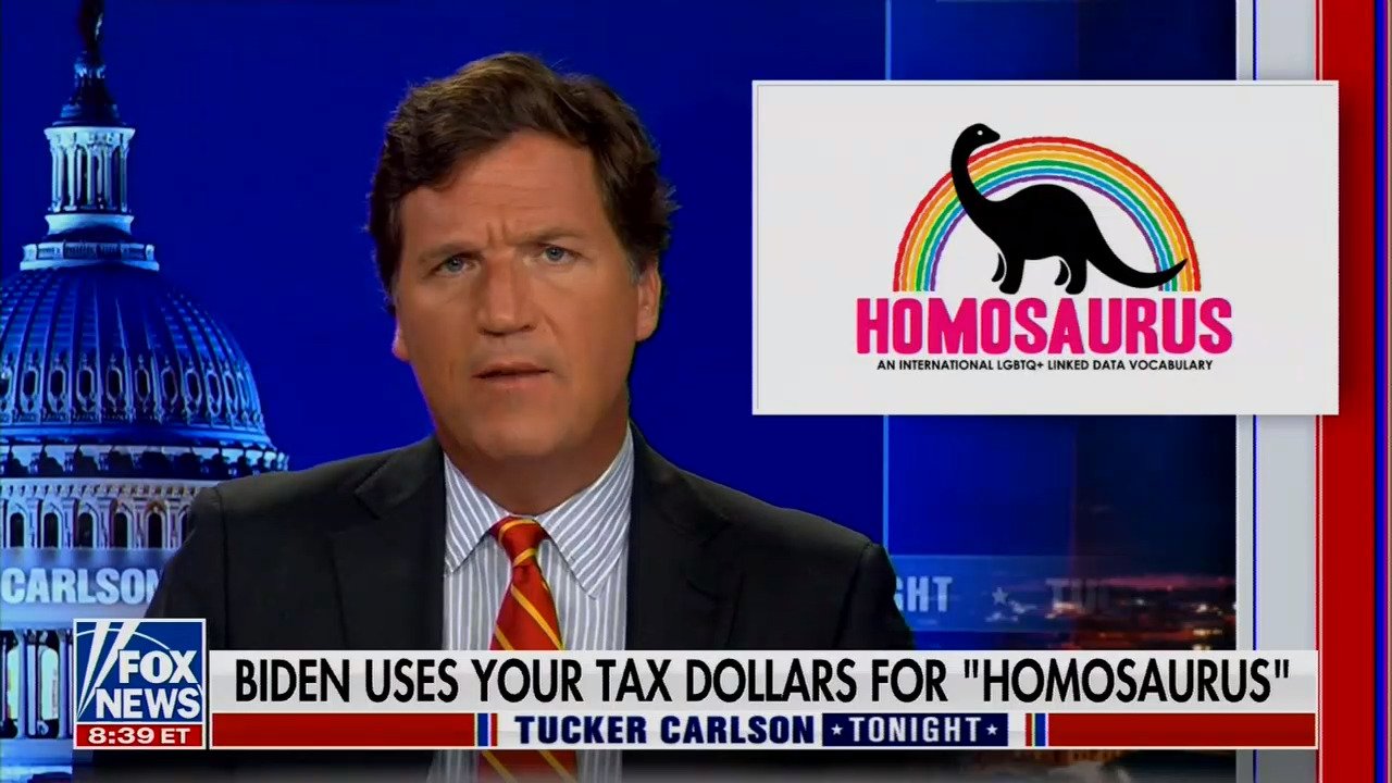 screenshot of Fox News anchor Tucker Carlson with a graphic of the Homosaurus linked data vocabulary. The chyron reads "Biden uses your tax dollars for Homosaurus"