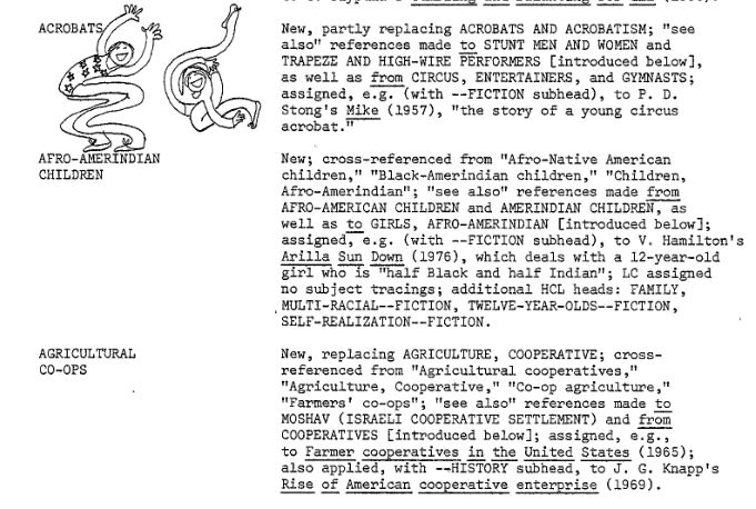 screenshot from the digitized Hennepin County Library Cataloging Bulletin showing three new subject headings and their "see also" references. The three headings are Acrobats, Afro-Amerindian children, and Agricultural Co-ops. The acrobats heading has a fun pencil drawing of two very wiggly people doing acrobatics.